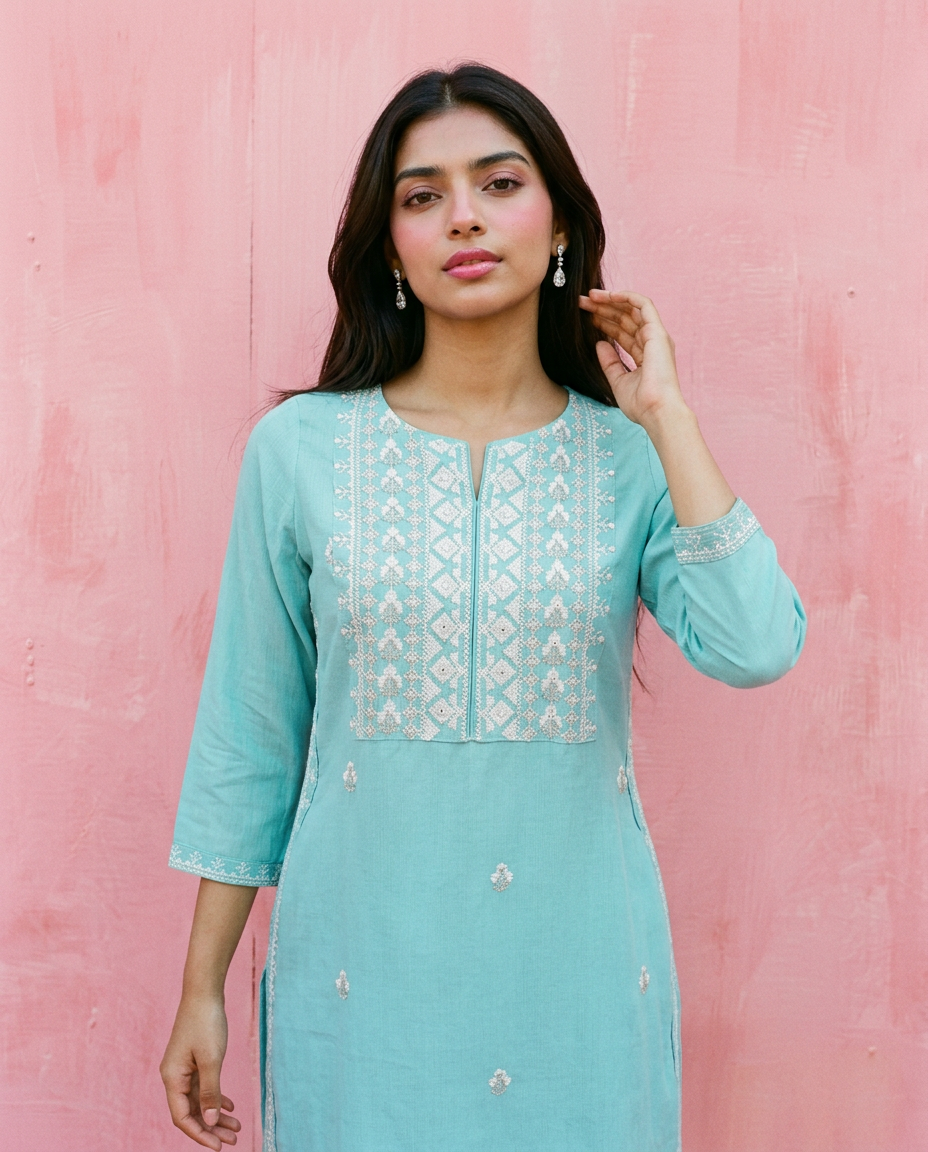 Sky Blue Embroidered Viscose Blended 3/4 Sleeves Straight Cut Long Kurta