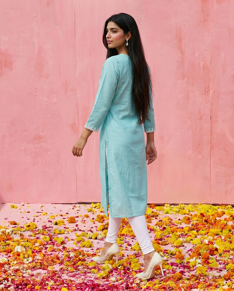 Sky Blue Embroidered Viscose Blended 3/4 Sleeves Straight Cut Long Kurta