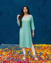 Turquoise Blue Embroidered Silk Blended 3/4 Sleeves Straight Cut Long Kurta