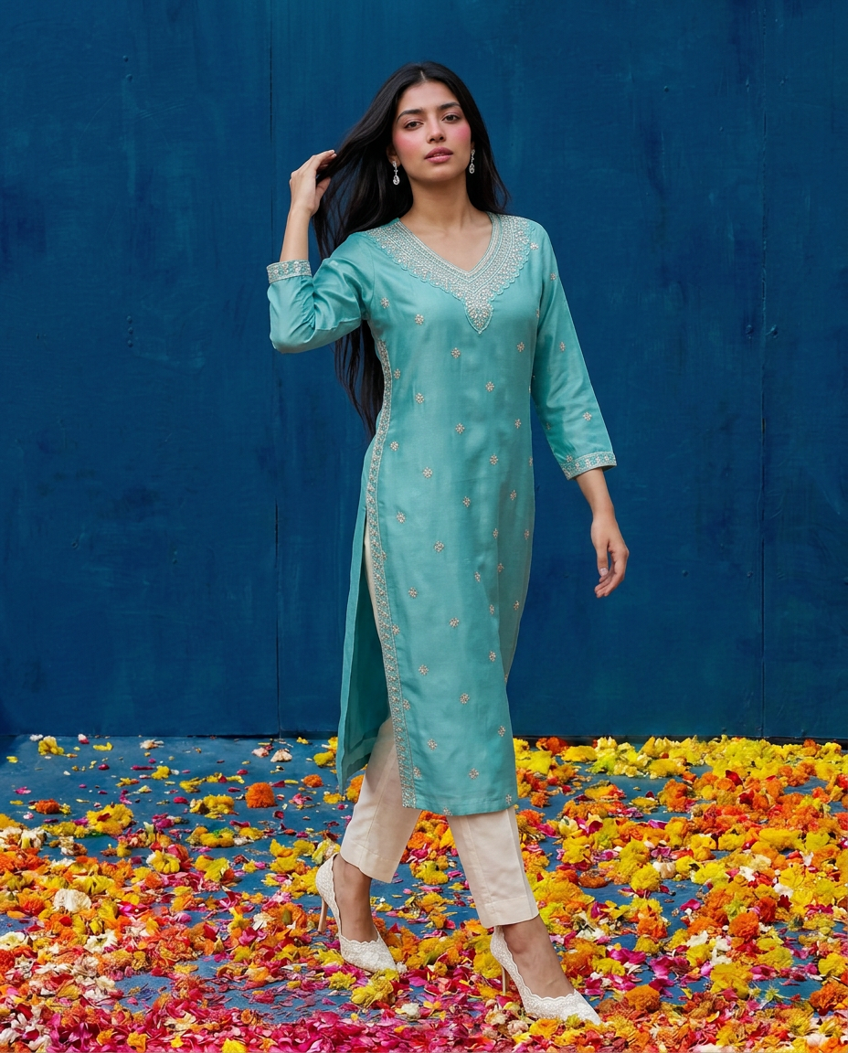 Turquoise Blue Embroidered Silk Blended 3/4 Sleeves Straight Cut Long Kurta