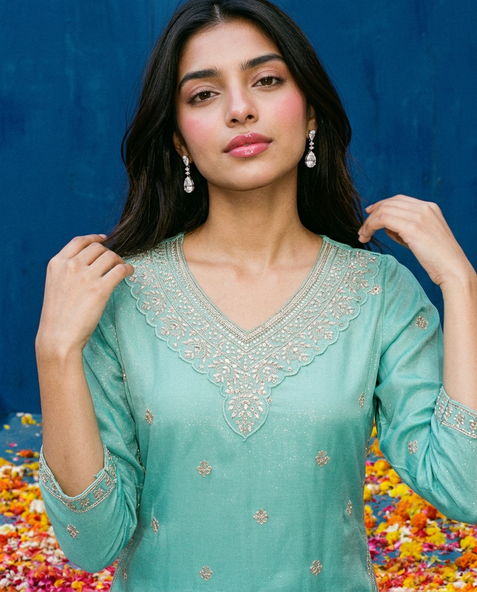 Turquoise Blue Embroidered Silk Blended 3/4 Sleeves Straight Cut Long Kurta