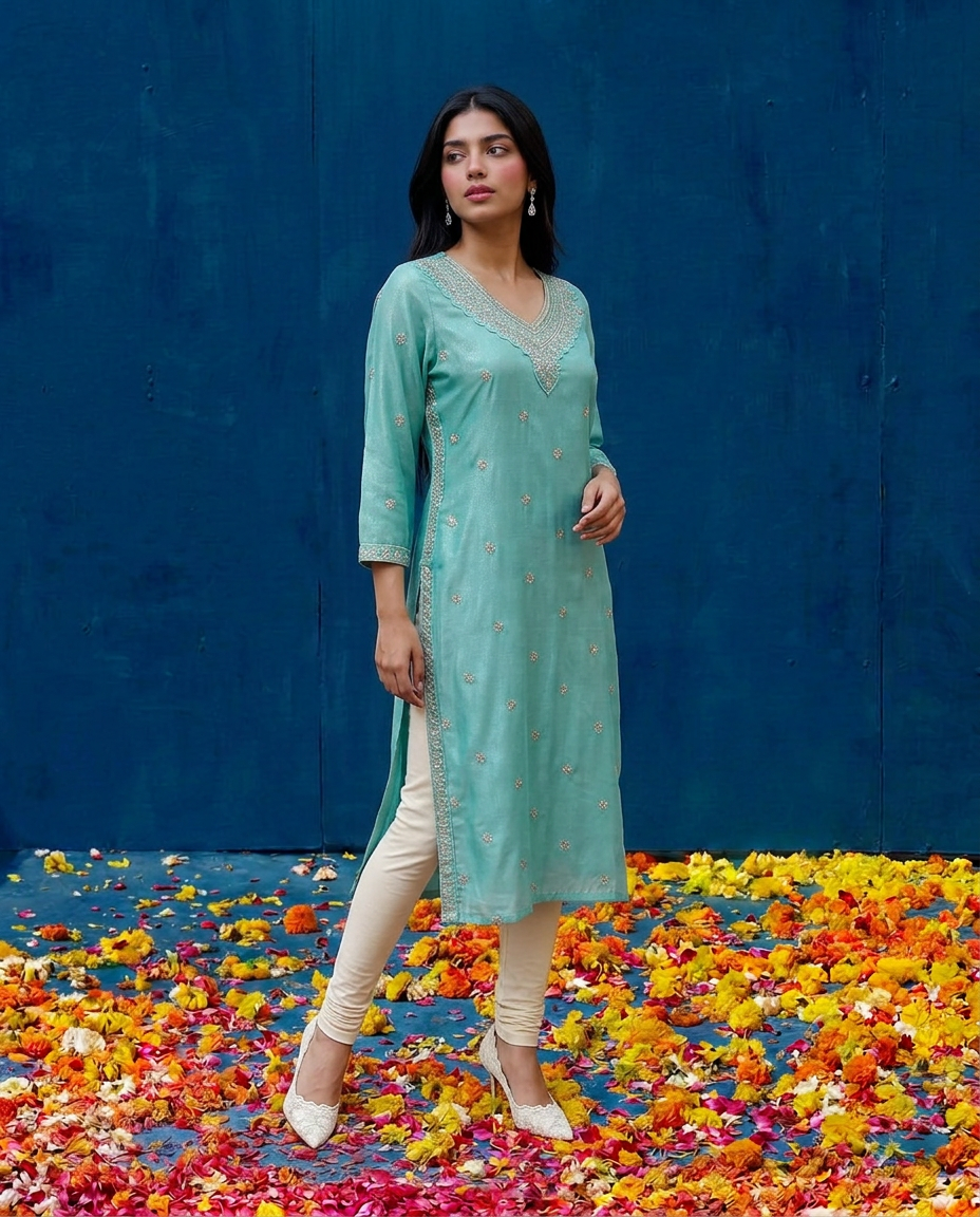 Turquoise Blue Embroidered Silk Blended 3/4 Sleeves Straight Cut Long Kurta