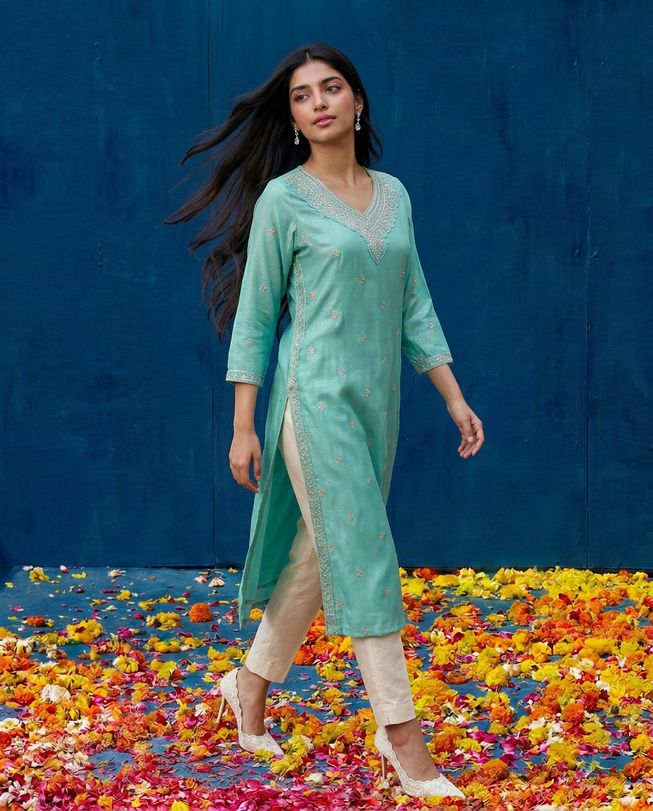 Turquoise Blue Embroidered Silk Blended 3/4 Sleeves Straight Cut Long Kurta