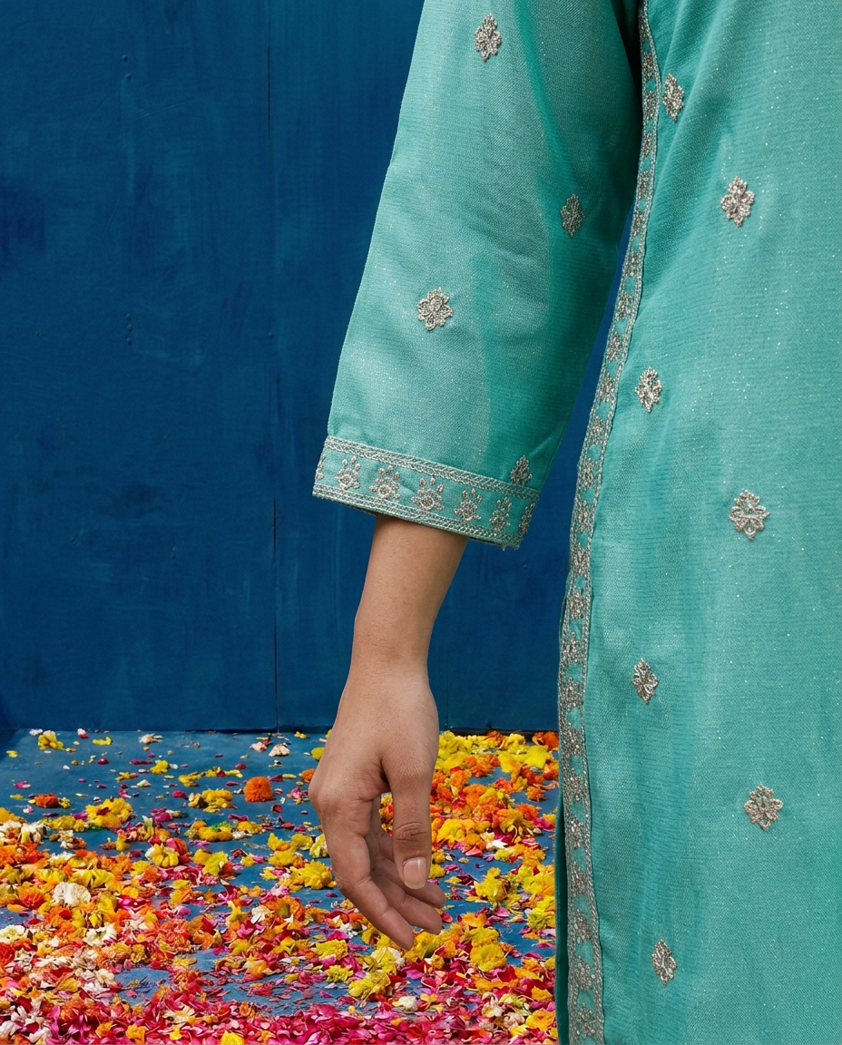 Turquoise Blue Embroidered Silk Blended 3/4 Sleeves Straight Cut Long Kurta