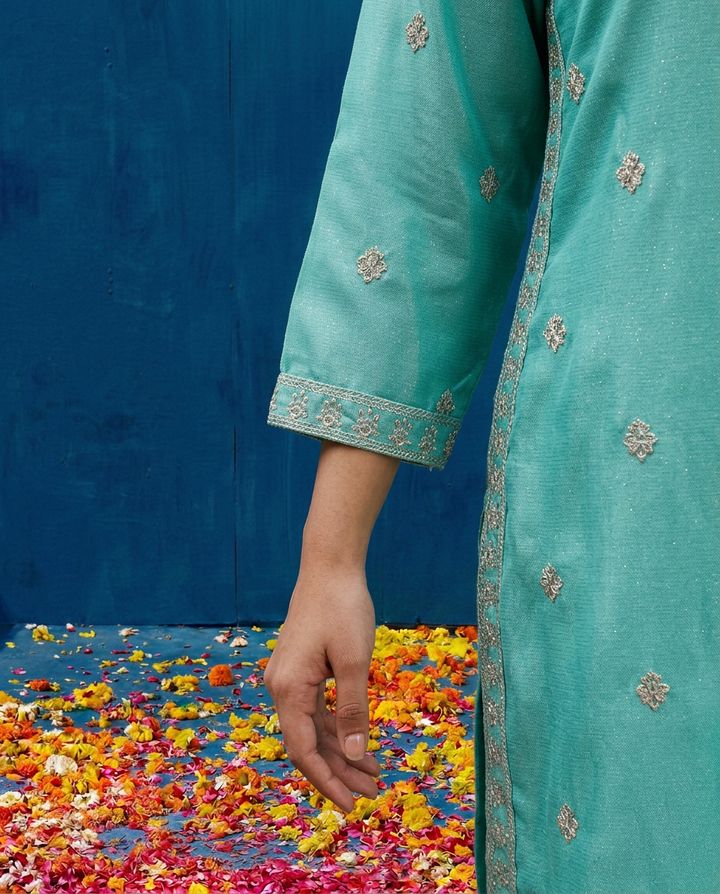 Turquoise Blue Embroidered Silk Blended 3/4 Sleeves Straight Cut Long Kurta