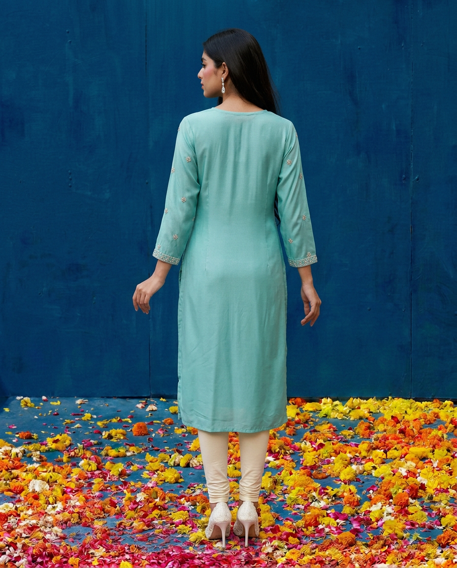 Turquoise Blue Embroidered Silk Blended 3/4 Sleeves Straight Cut Long Kurta