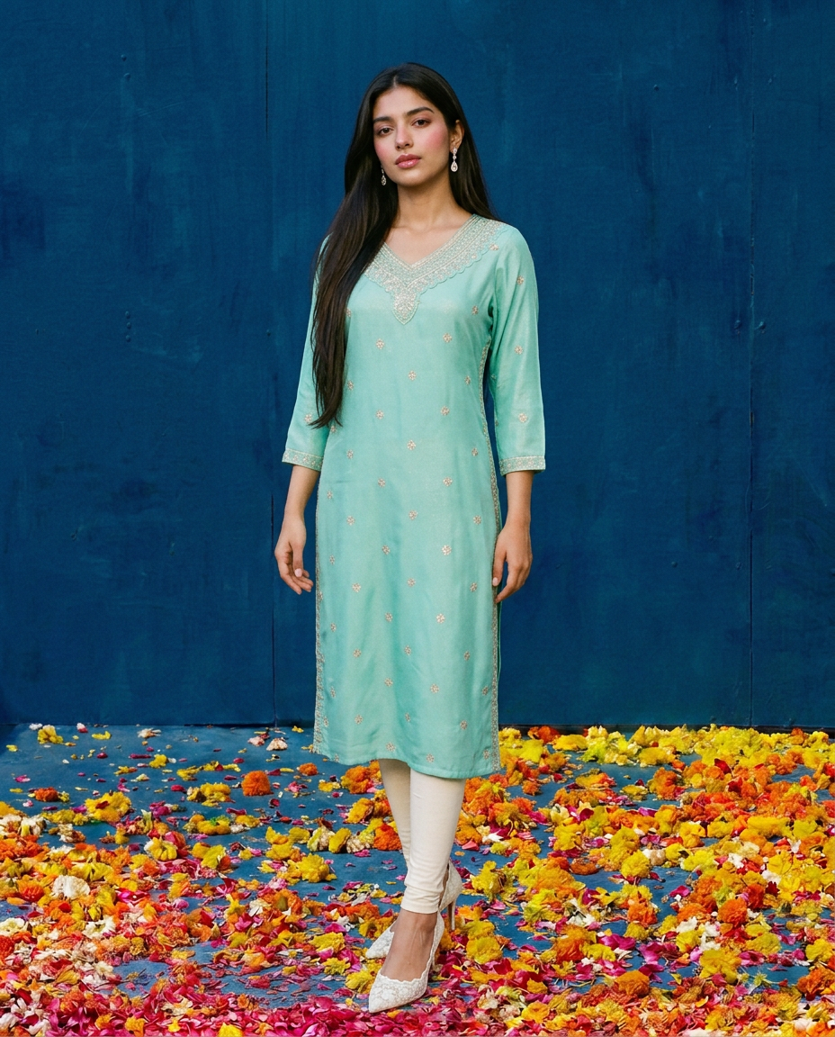 Turquoise Blue Embroidered Silk Blended 3/4 Sleeves Straight Cut Long Kurta