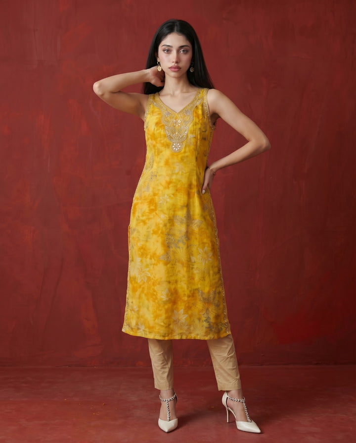 Mustard Embroidered Viscose Blended Sleeveless Straight Long Kurta