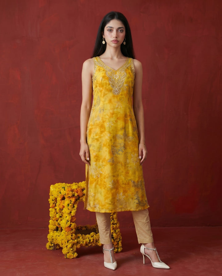 Mustard Embroidered Viscose Blended Sleeveless Straight Long Kurta