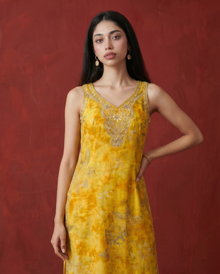 Mustard Embroidered Viscose Blended Sleeveless Straight Long Kurta