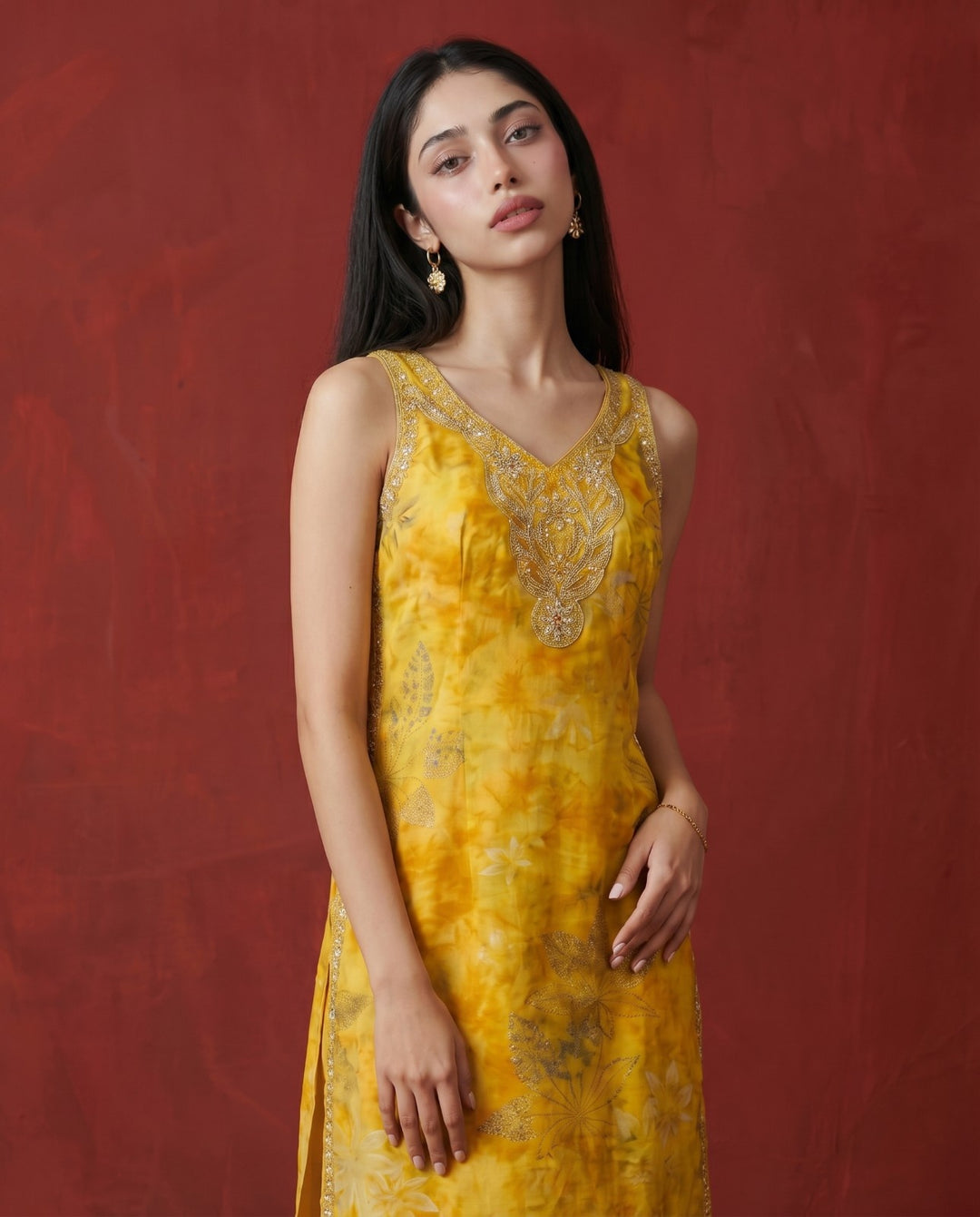 Mustard Embroidered Viscose Blended Sleeveless Straight Long Kurta