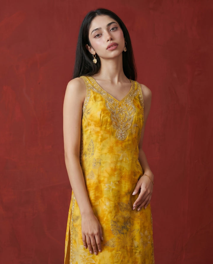 Mustard Embroidered Viscose Blended Sleeveless Straight Long Kurta