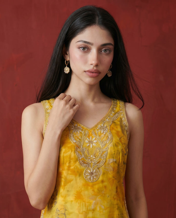 Mustard Embroidered Viscose Blended Sleeveless Straight Long Kurta
