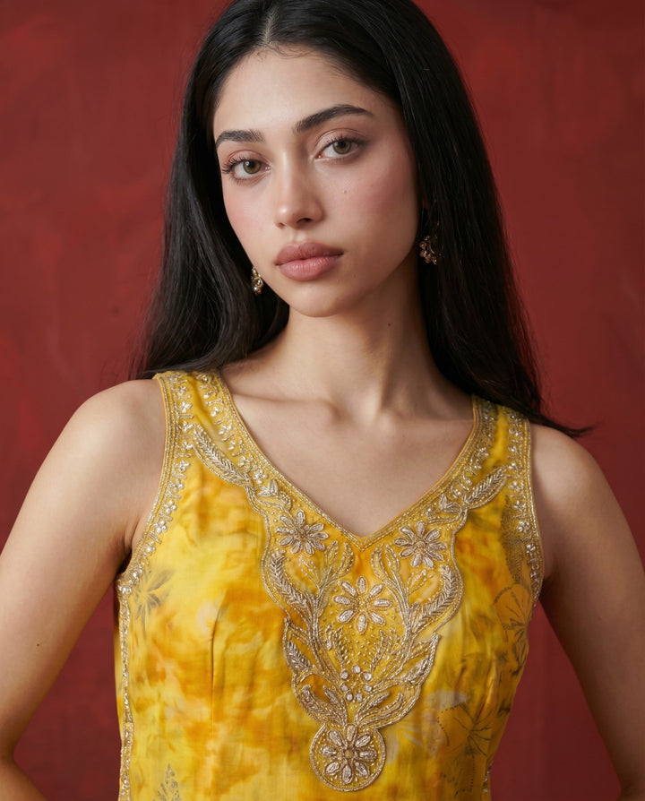 Mustard Embroidered Viscose Blended Sleeveless Straight Long Kurta