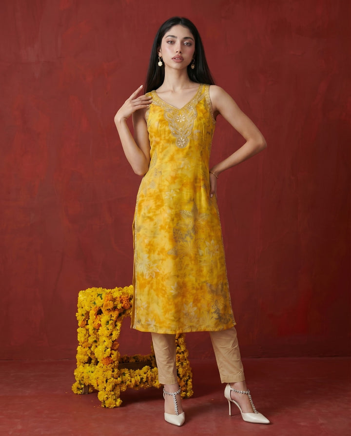 Mustard Embroidered Viscose Blended Sleeveless Straight Long Kurta