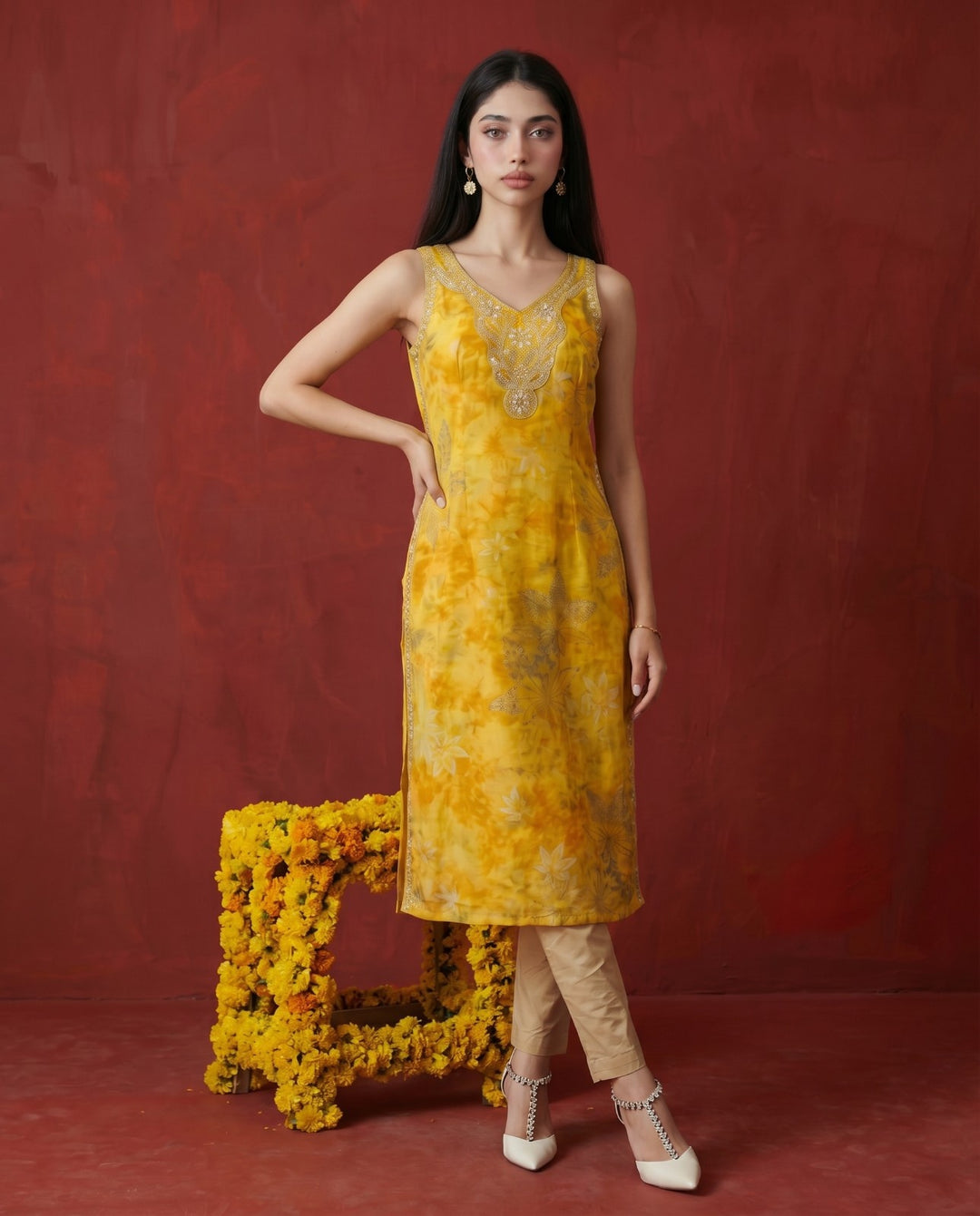 Mustard Embroidered Viscose Blended Sleeveless Straight Long Kurta