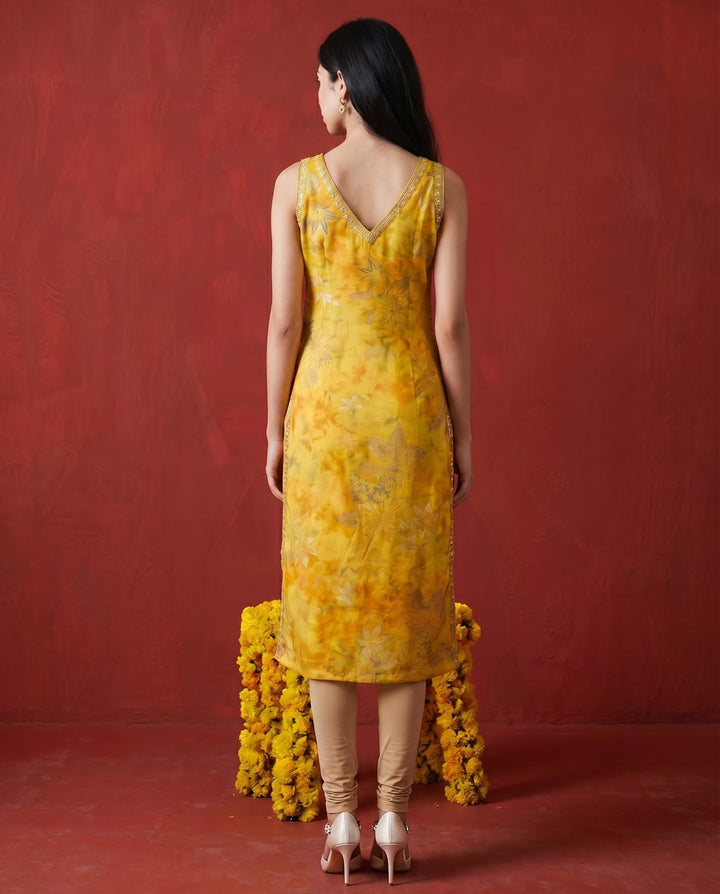 Mustard Embroidered Viscose Blended Sleeveless Straight Long Kurta