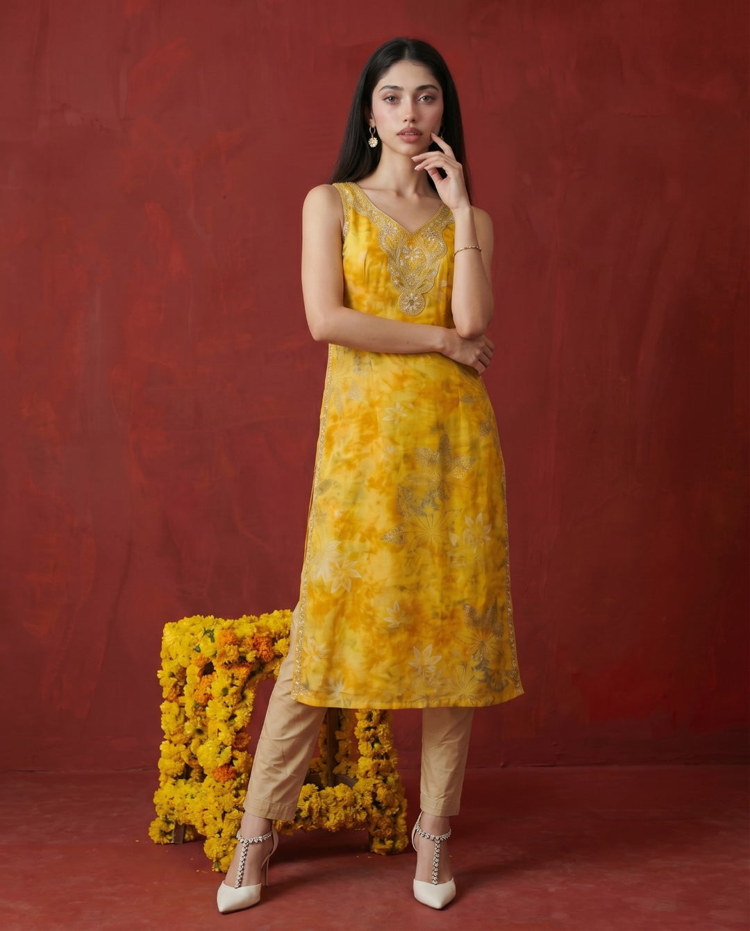 Mustard Embroidered Viscose Blended Sleeveless Straight Long Kurta