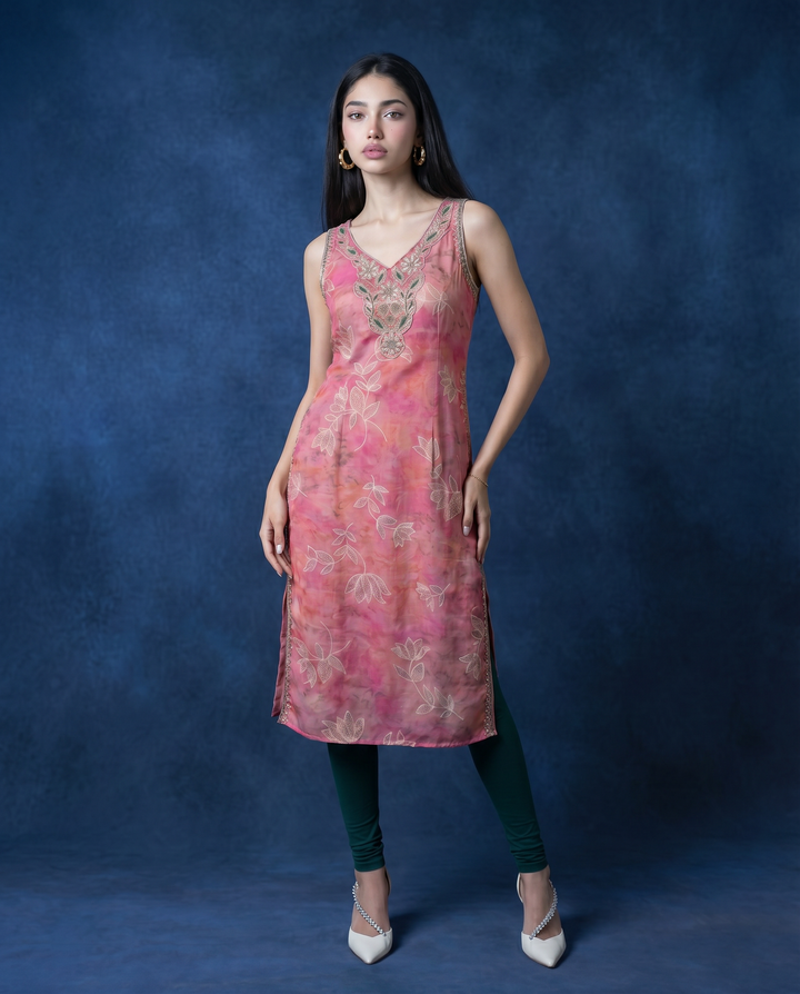 Pink Embroidered Viscose Blended Sleeveless Straight Long Kurta