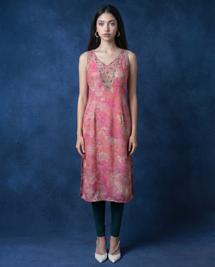 Pink Embroidered Viscose Blended Sleeveless Straight Long Kurta