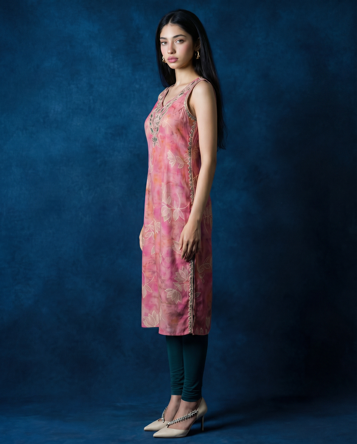 Pink Embroidered Viscose Blended Sleeveless Straight Long Kurta