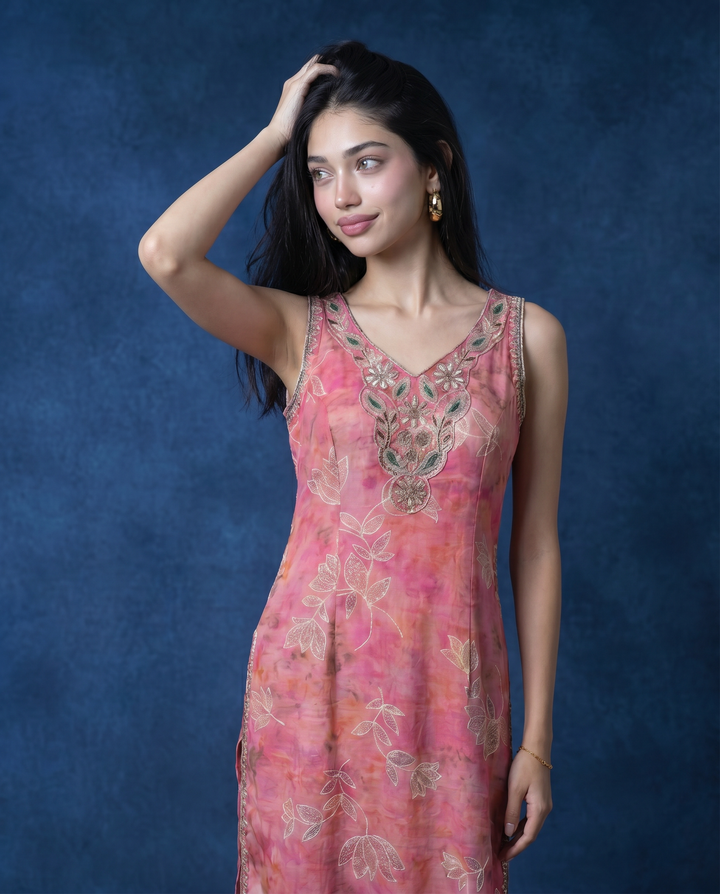 Pink Embroidered Viscose Blended Sleeveless Straight Long Kurta