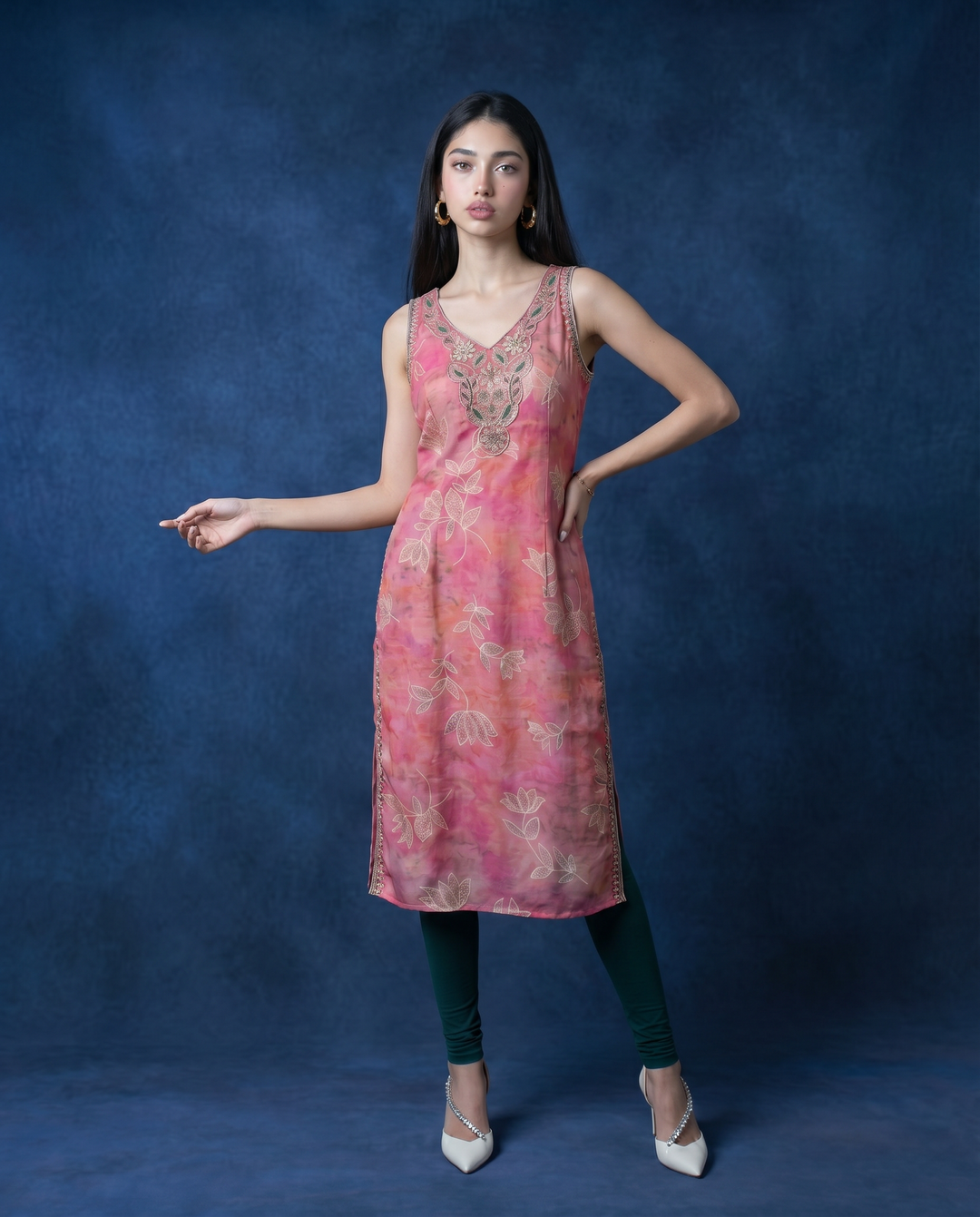Pink Embroidered Viscose Blended Sleeveless Straight Long Kurta