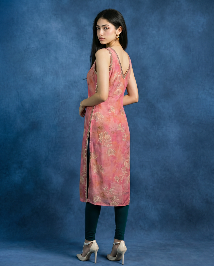 Pink Embroidered Viscose Blended Sleeveless Straight Long Kurta