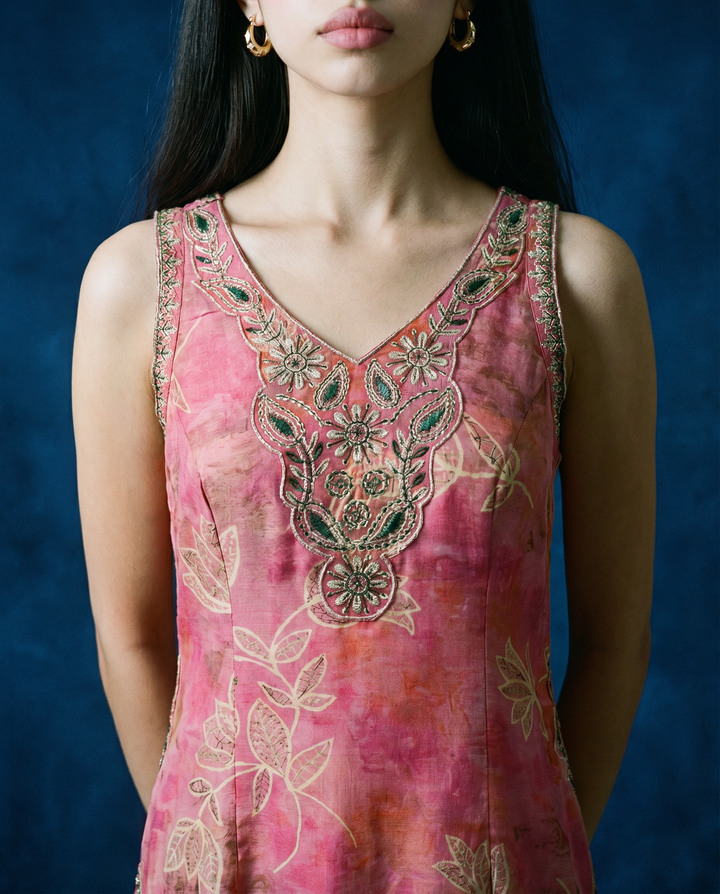 Pink Embroidered Viscose Blended Sleeveless Straight Long Kurta