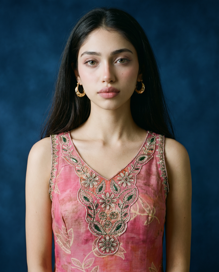 Pink Embroidered Viscose Blended Sleeveless Straight Long Kurta
