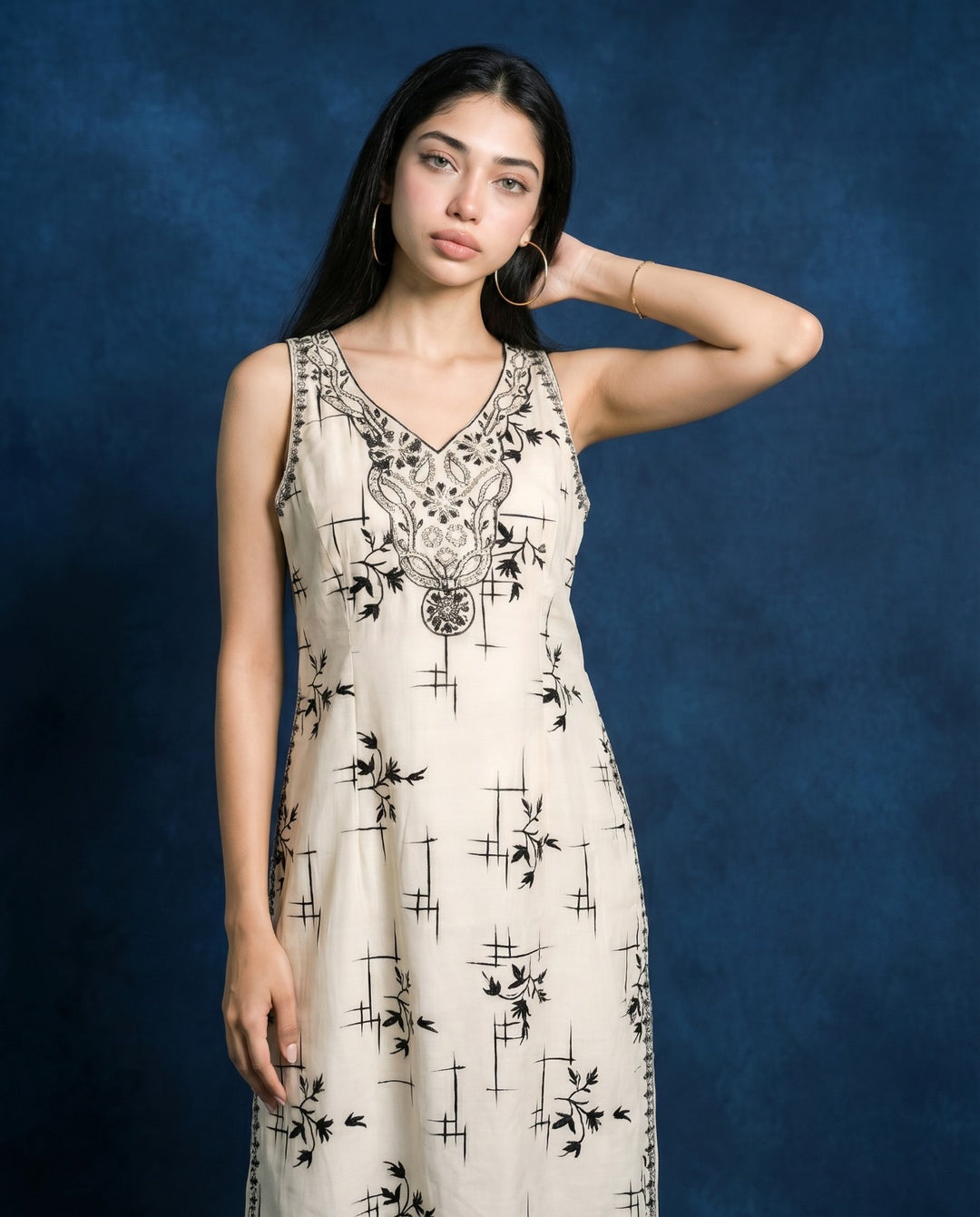 White Embroidered Viscose Blended Sleeveless Straight Long Kurta