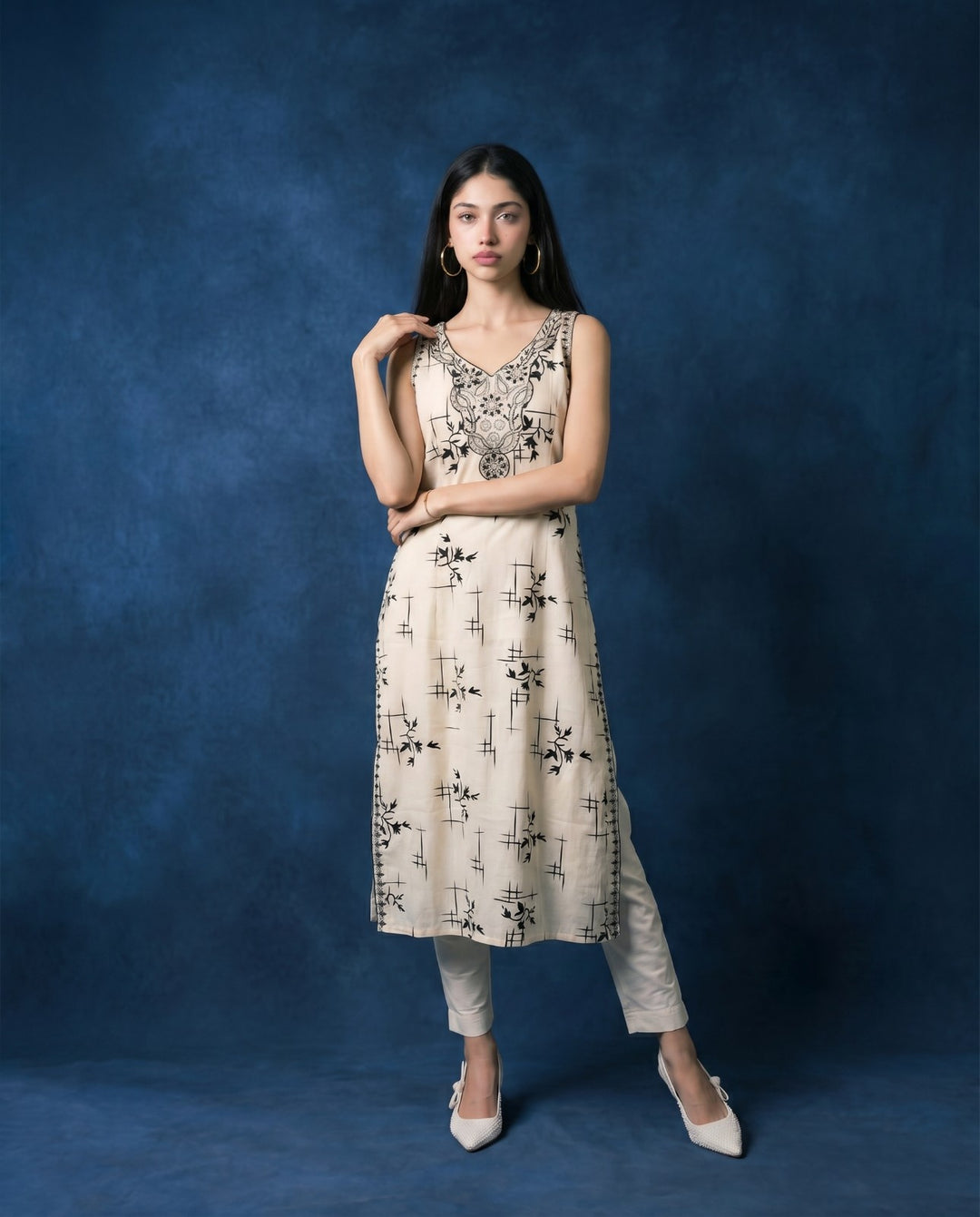 White Embroidered Viscose Blended Sleeveless Straight Long Kurta