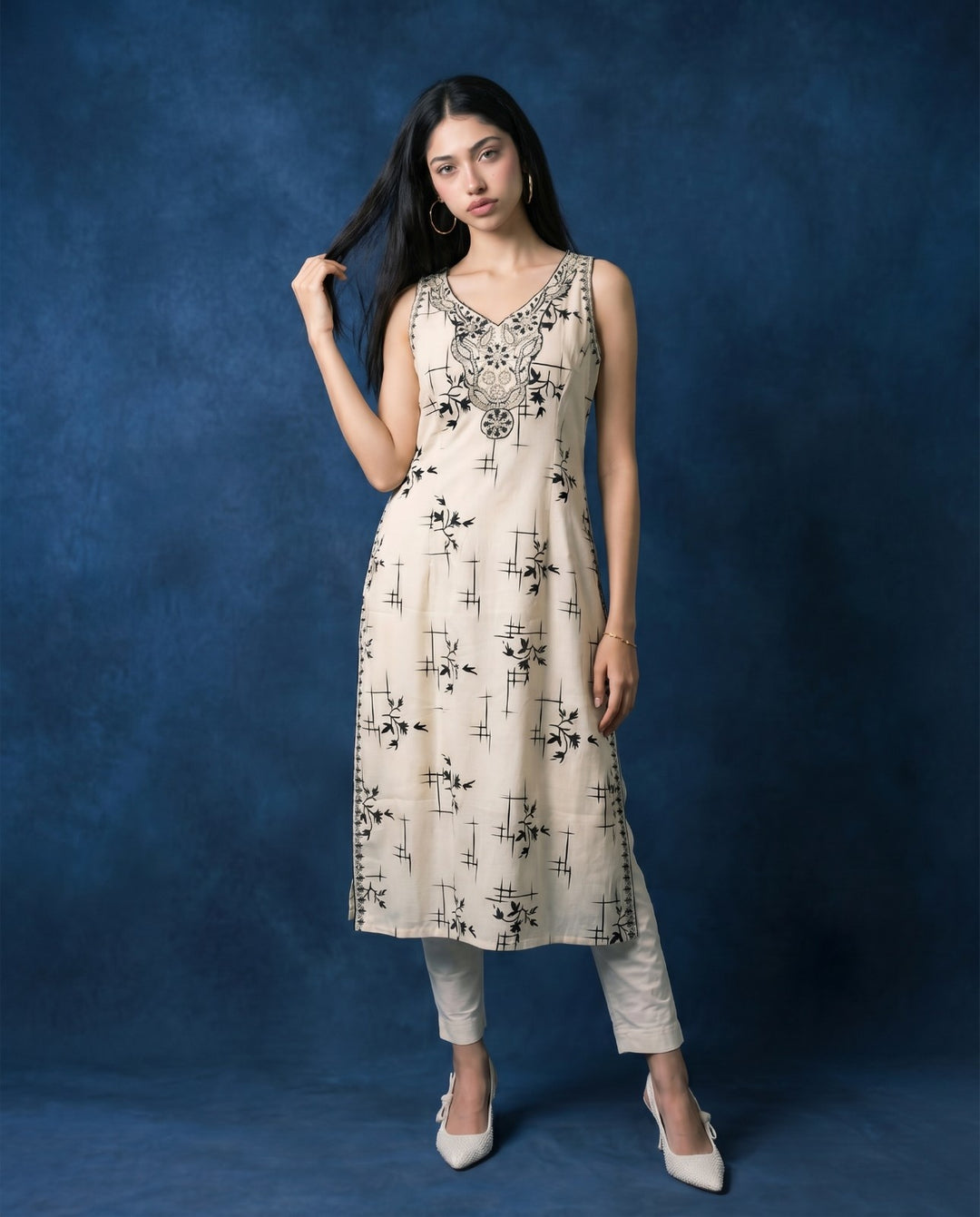 White Embroidered Viscose Blended Sleeveless Straight Long Kurta