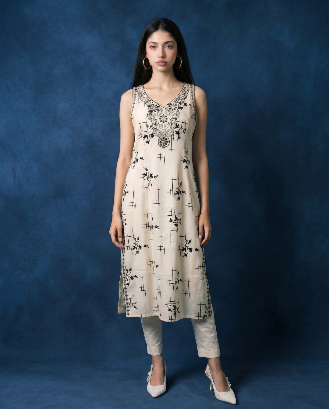White Embroidered Viscose Blended Sleeveless Straight Long Kurta