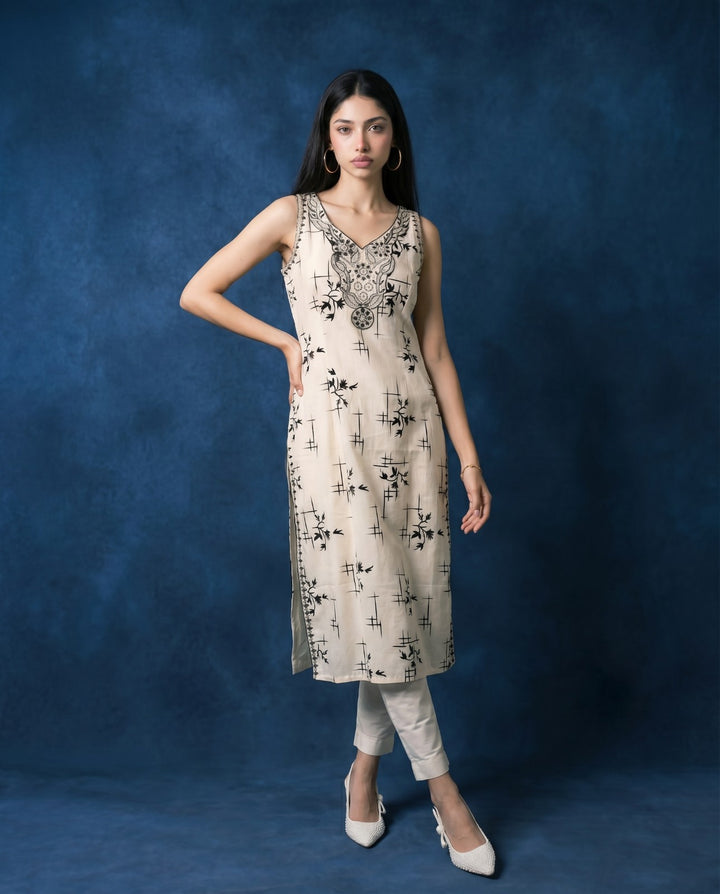 White Embroidered Viscose Blended Sleeveless Straight Long Kurta