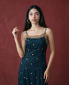 Green Embroidered Viscose Blended Spaghetti Strap Straight Cut Long Kurta