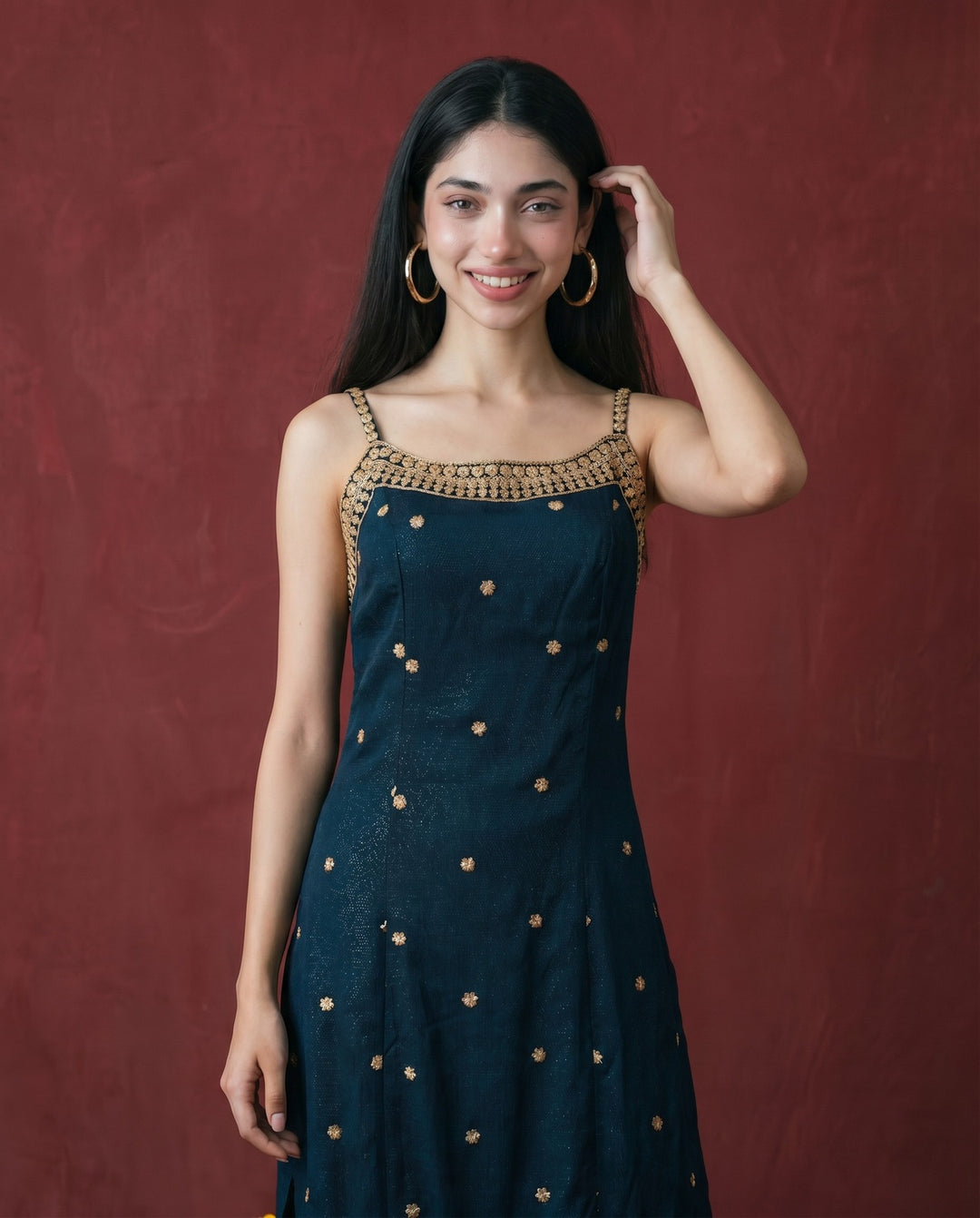 Green Embroidered Viscose Blended Spaghetti Strap Straight Cut Long Kurta
