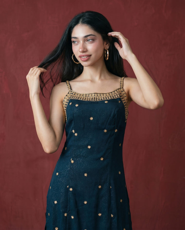 Green Embroidered Viscose Blended Spaghetti Strap Straight Cut Long Kurta