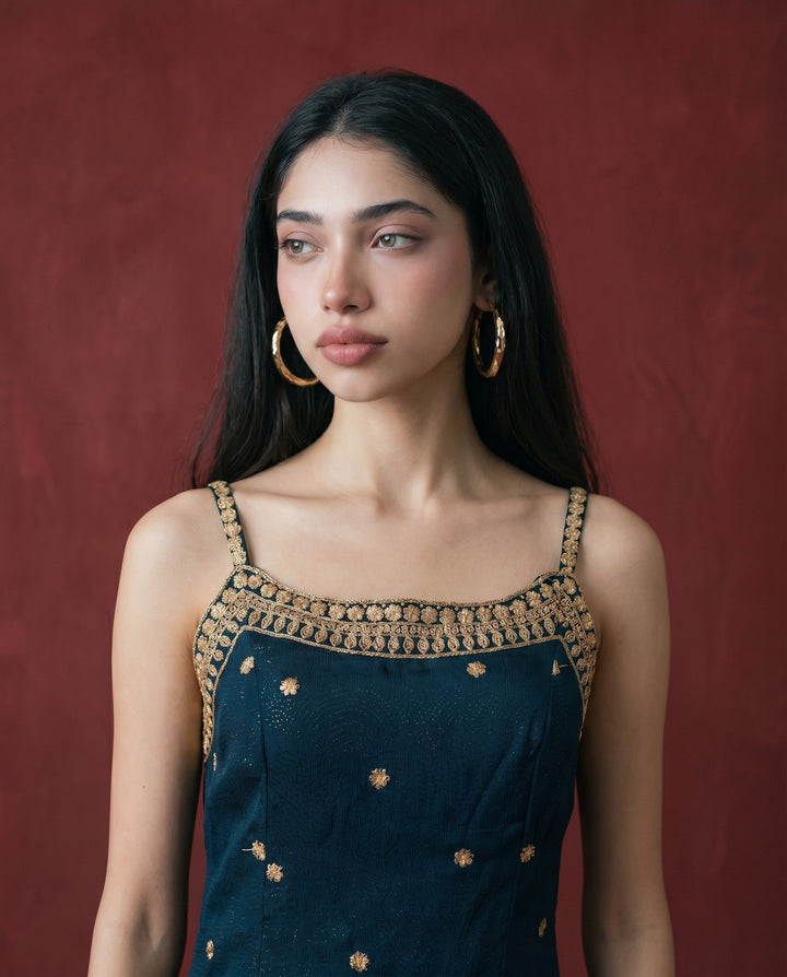 Green Embroidered Viscose Blended Spaghetti Strap Straight Cut Long Kurta
