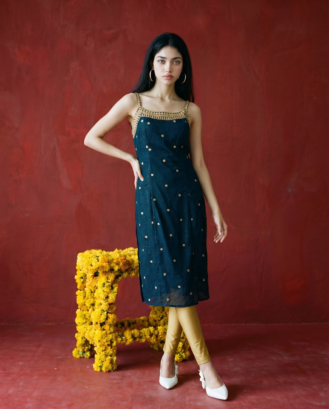 Green Embroidered Viscose Blended Spaghetti Strap Straight Cut Long Kurta