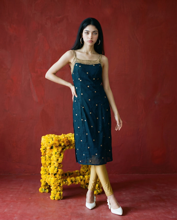 Green Embroidered Viscose Blended Spaghetti Strap Straight Cut Long Kurta