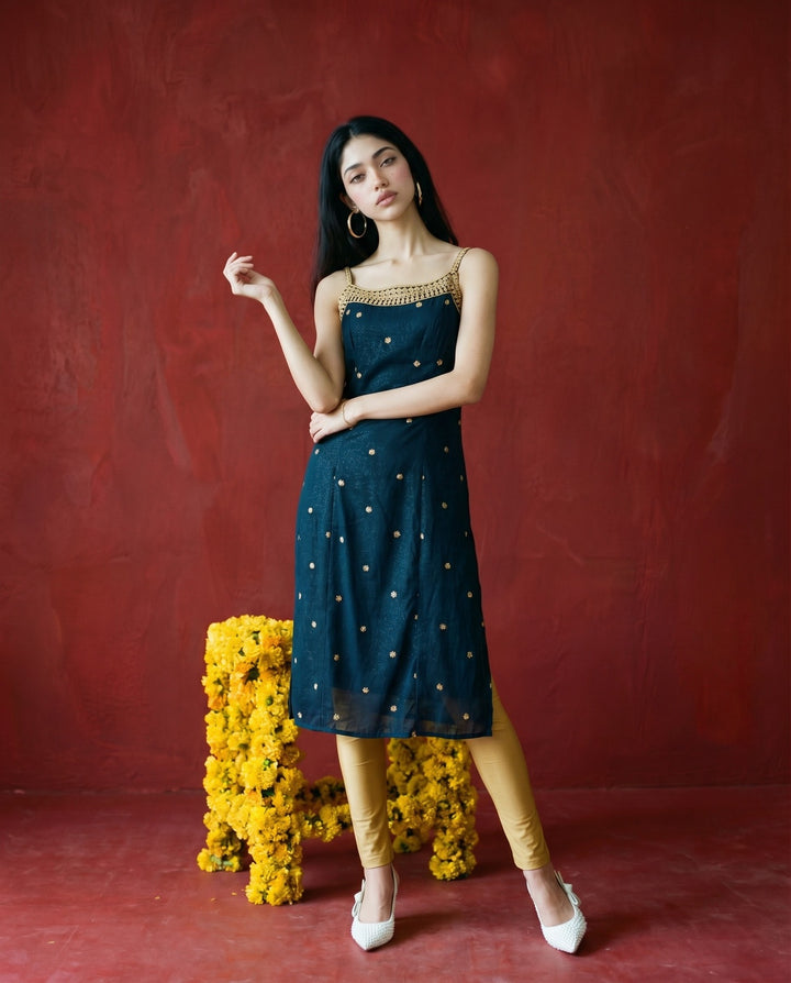 Green Embroidered Viscose Blended Spaghetti Strap Straight Cut Long Kurta