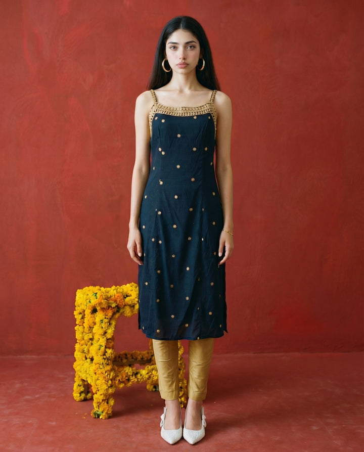 Green Embroidered Viscose Blended Spaghetti Strap Straight Cut Long Kurta