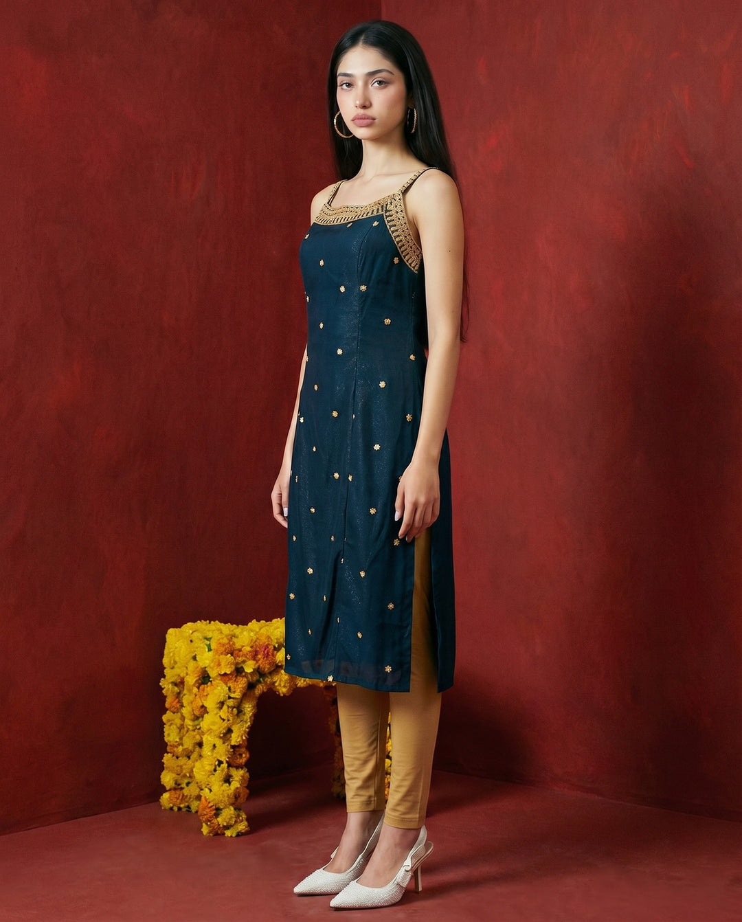 Green Embroidered Viscose Blended Spaghetti Strap Straight Cut Long Kurta