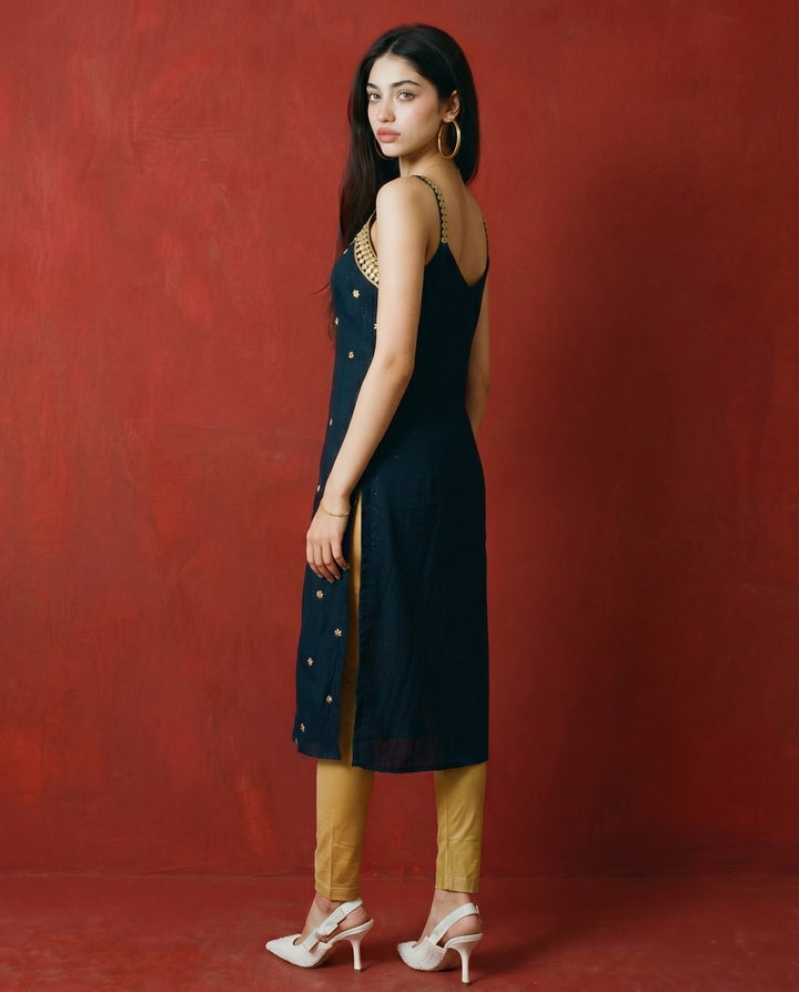 Green Embroidered Viscose Blended Spaghetti Strap Straight Cut Long Kurta