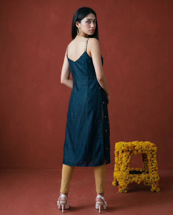 Green Embroidered Viscose Blended Spaghetti Strap Straight Cut Long Kurta