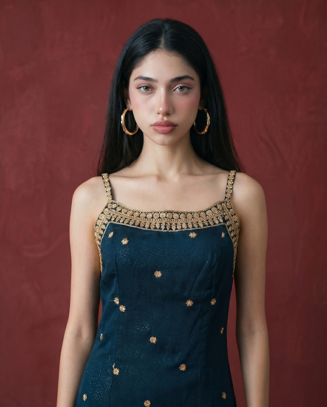 Green Embroidered Viscose Blended Spaghetti Strap Straight Cut Long Kurta
