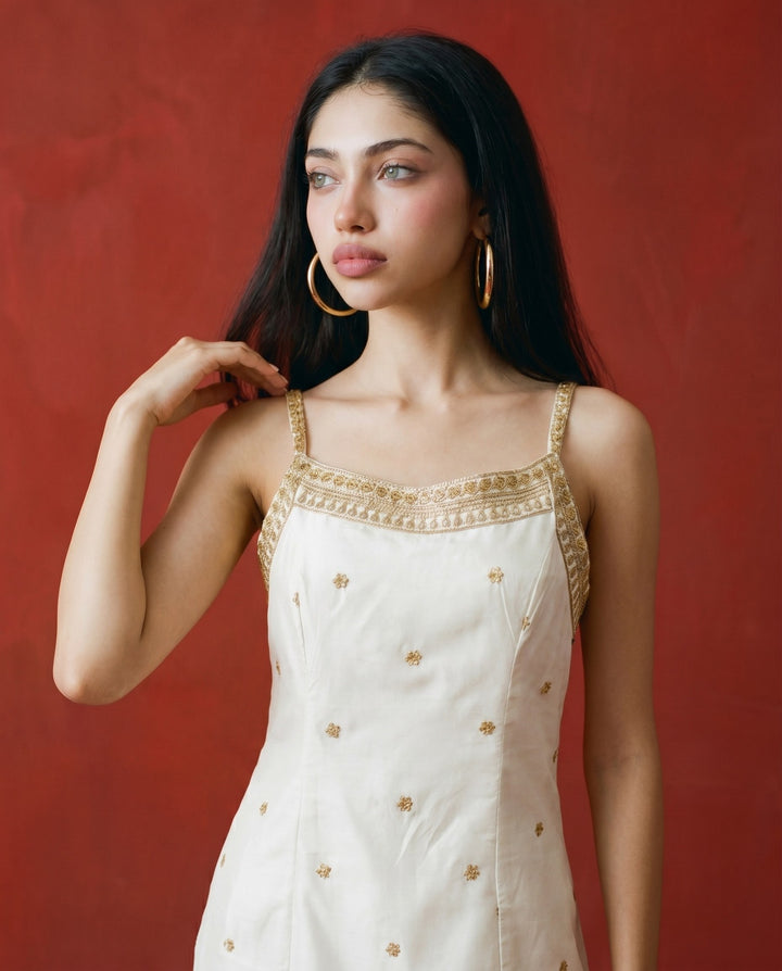 Off White Embroidered Viscose Blended Spaghetti Strap Straight Cut Long Kurta