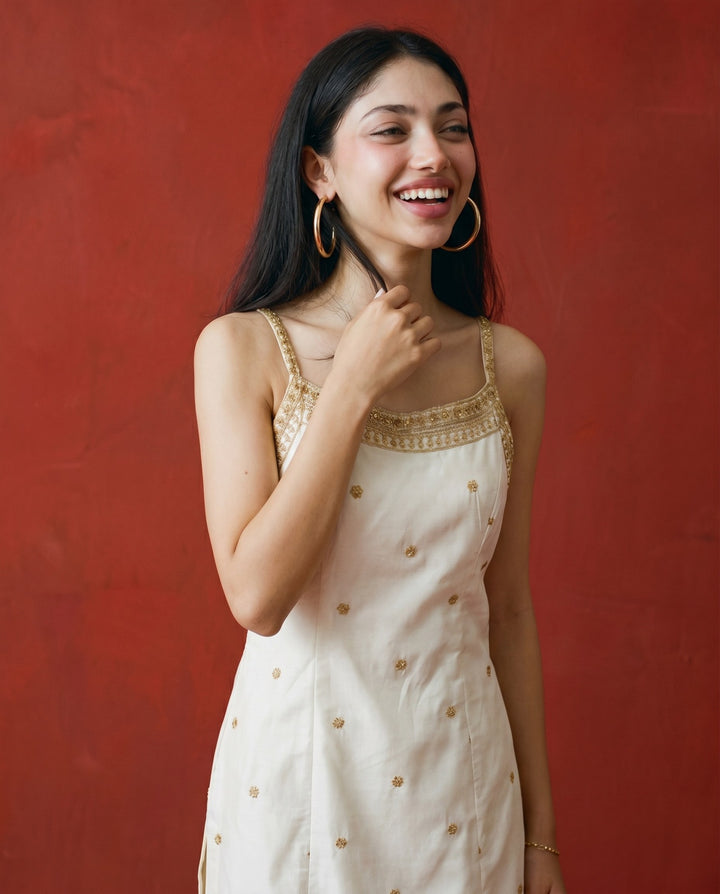Off White Embroidered Viscose Blended Spaghetti Strap Straight Cut Long Kurta