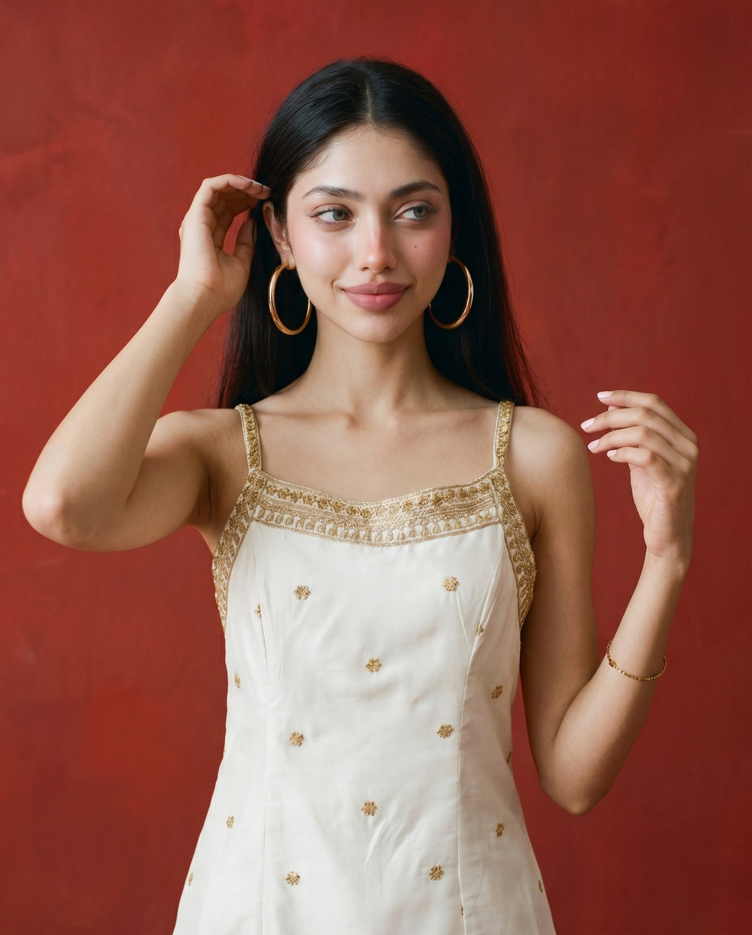 Off White Embroidered Viscose Blended Spaghetti Strap Straight Cut Long Kurta